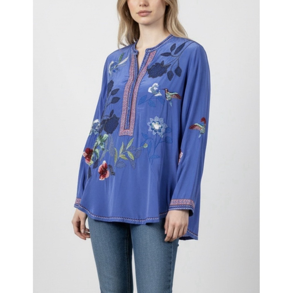 Johnny Was Nya Blue Silk Embroidered Floral Bird Blouse Top Shirt Boho Size S